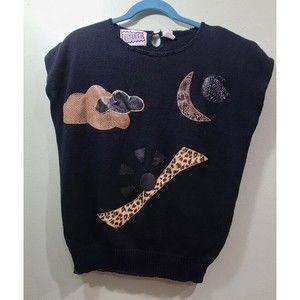 Vintage 80s Gitano Black Aninal Print Applique Sweater Vest Size Women's L